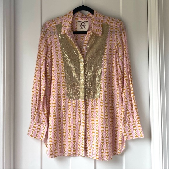 Figure Lamu Shirt in Kenyan Mosaic Pink Gold Sequin Button Down Top - Picture 4 of 11